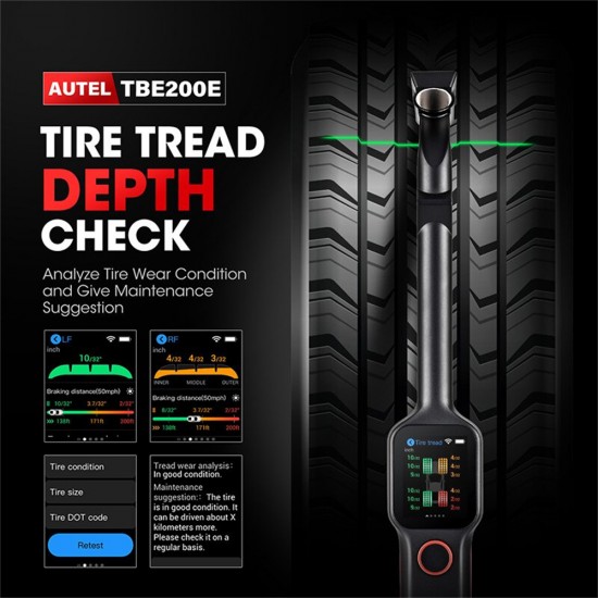 Autel MaxiTPMS TBE200E Tire Brake Examiner 2022 Newest Laser Tire Tread Depth Brake Disc Wear 2in1 Tester Work with ITS600E